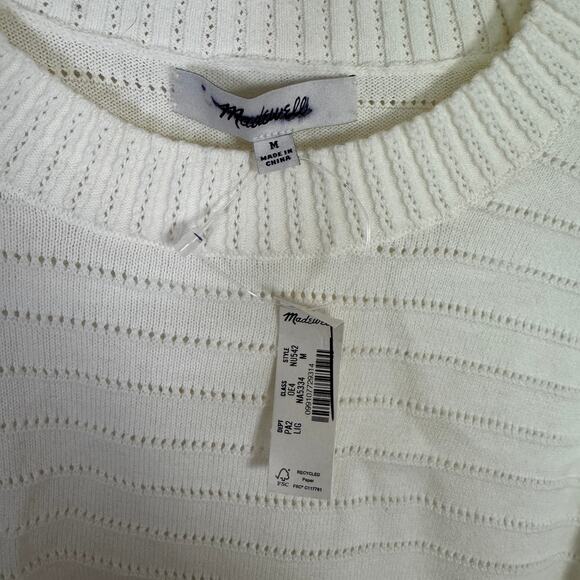 Madewell Textural-Stitch Cotton Sweater Womens M Cream Ribbed Trim Short Sleeve - Picture 5 of 8